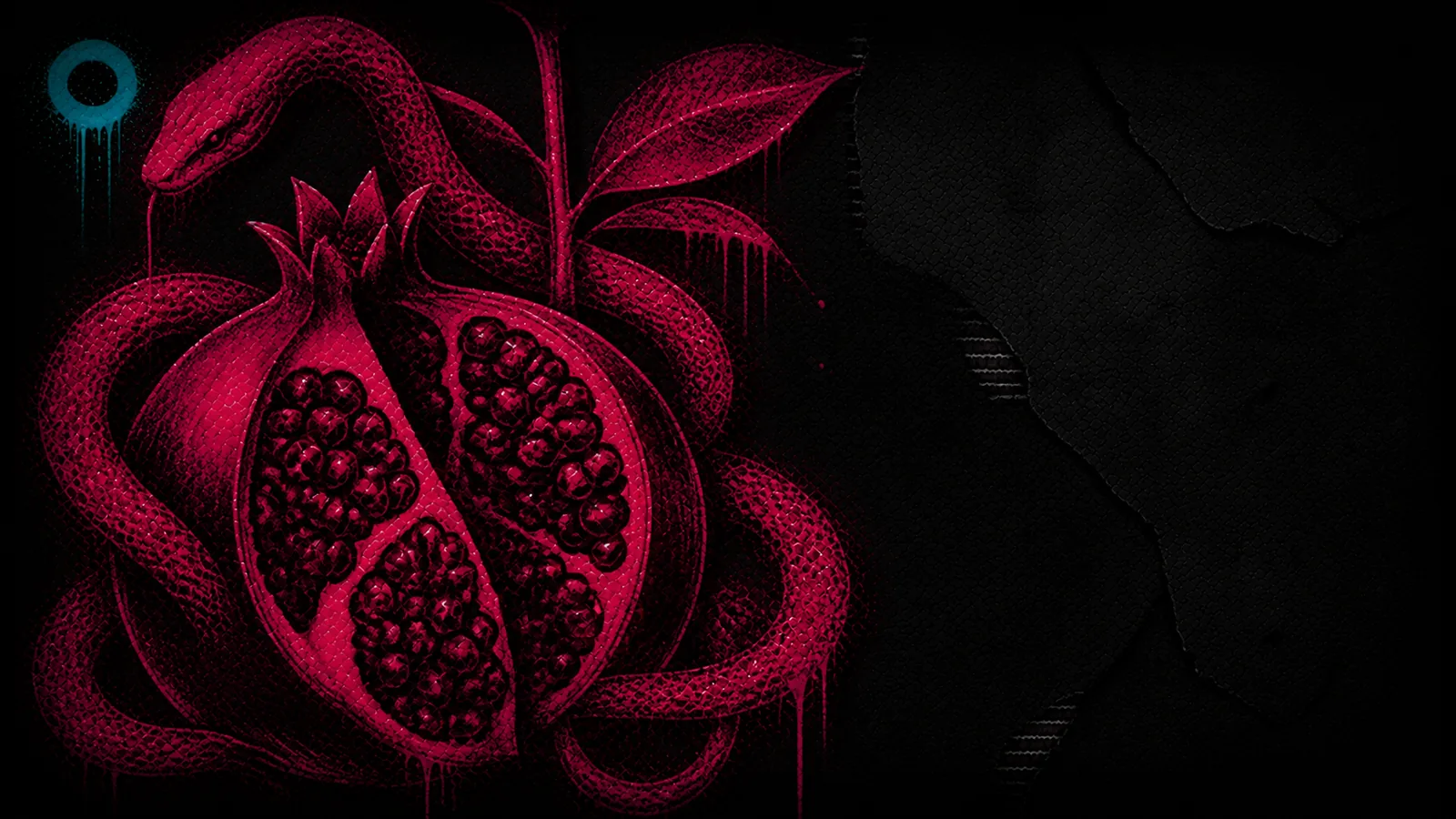 Granatapfel und Schlange als Sinnbild der Versuchung, in Magenta auf Schwarz